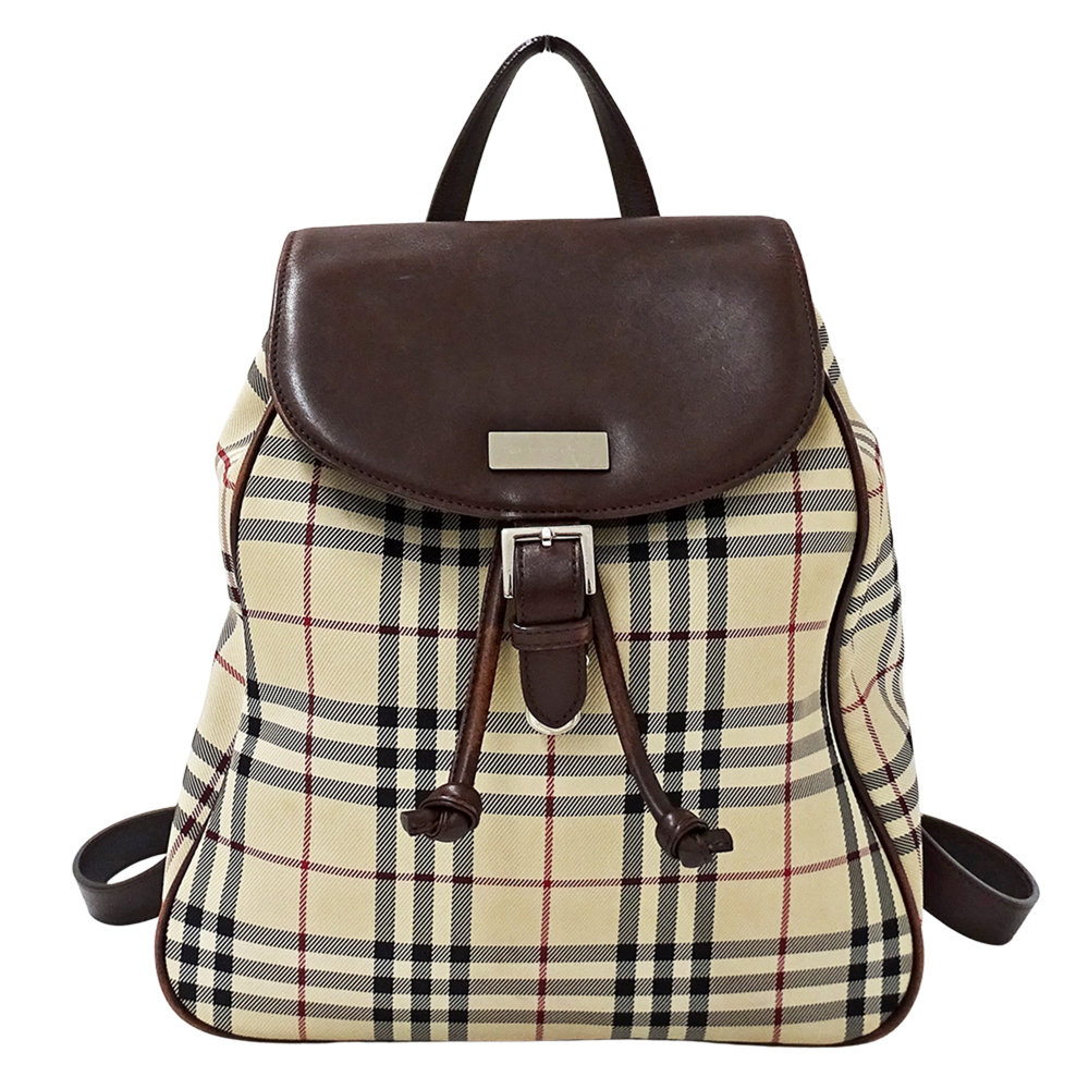 Burberry handbag, women's brand backpack, canvas and leather, beige brown che...